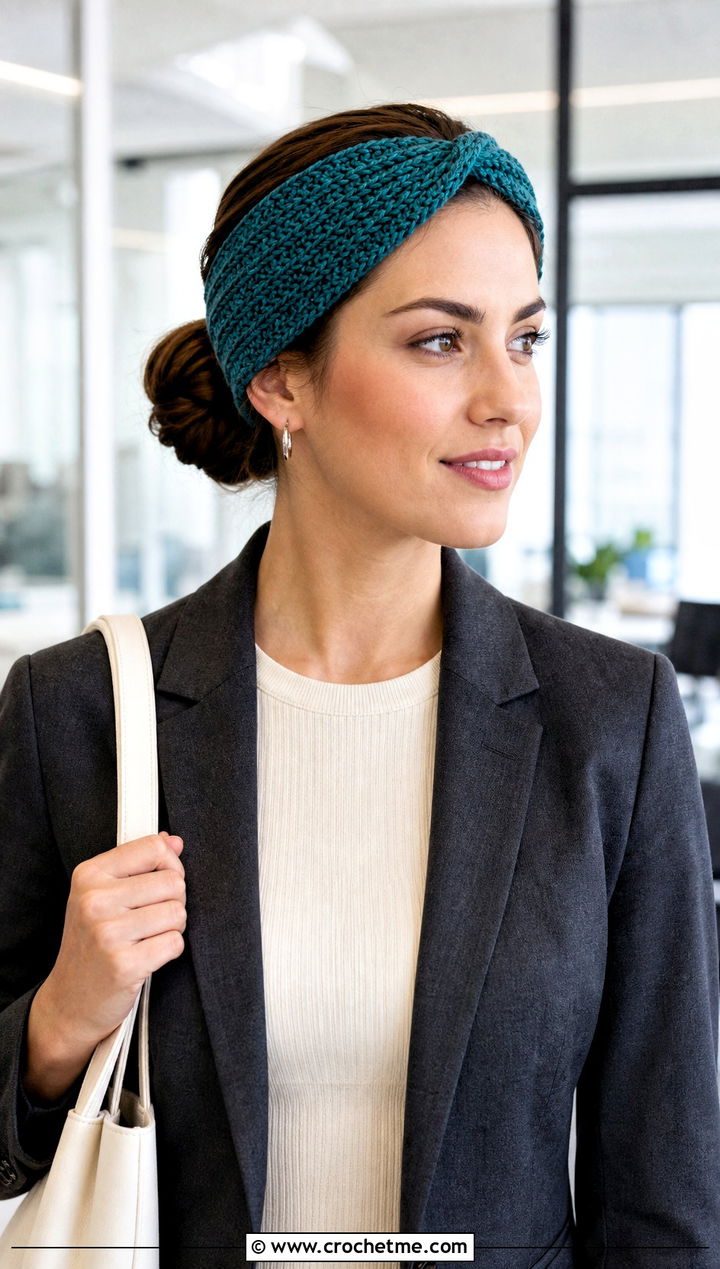 Teal Twisted Crochet Headband With Blazer And Trousers - 15 Teal Crochet Headband outfit ideas