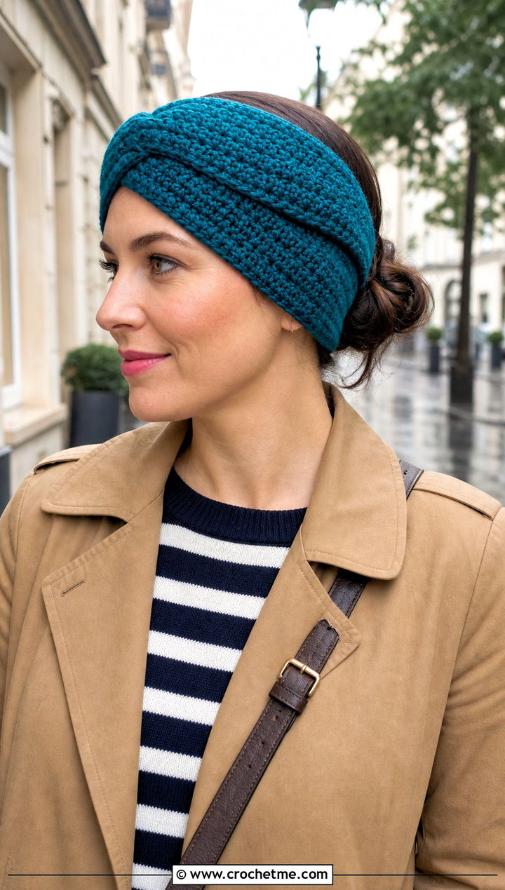 Teal Wide Wrap Crochet Headband With Trench Coat - 15 Teal Crochet Headband outfit ideas