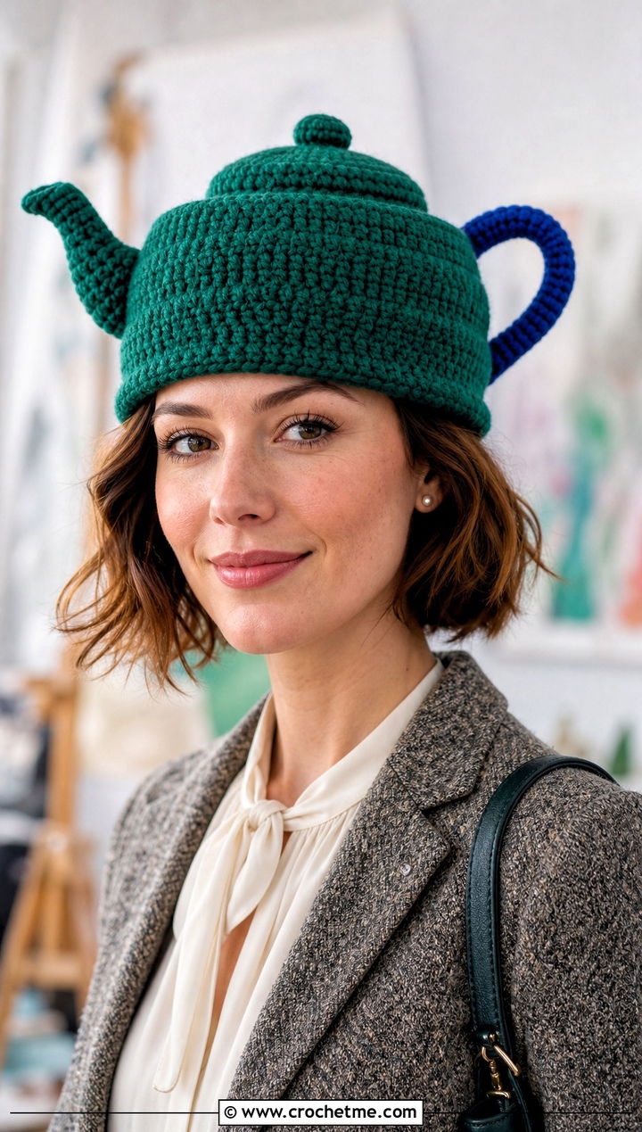 Teapot Crochet Hat With Tweed Jacket - 30 crochet funny hats outfit ideas