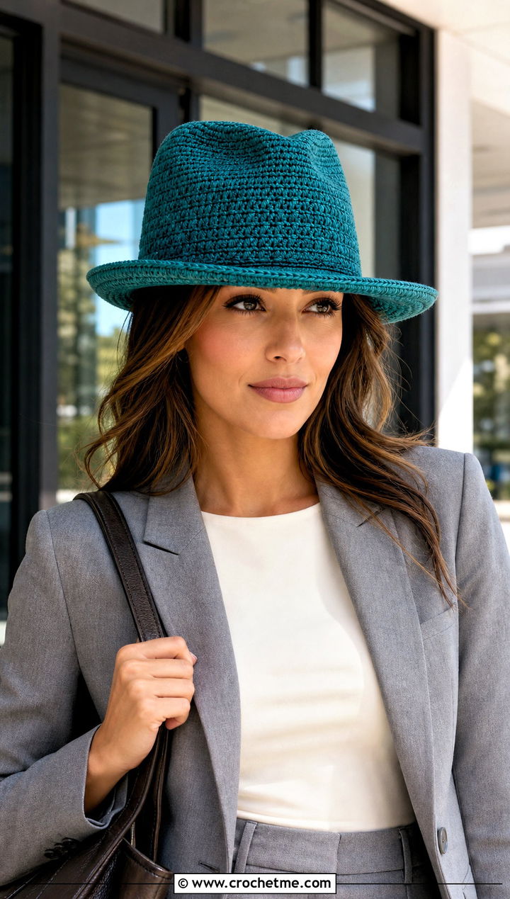 Teardrop Crown Crochet Fedora Hat With Tailored Suit - 25 crochet fedora hat outfit ideas