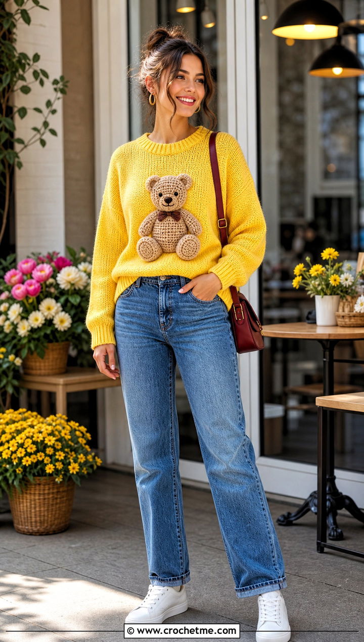 Teddy Bear Amigurumi Sweater With Straight Leg Jeans - 30 amigurumi sweater outfit ideas