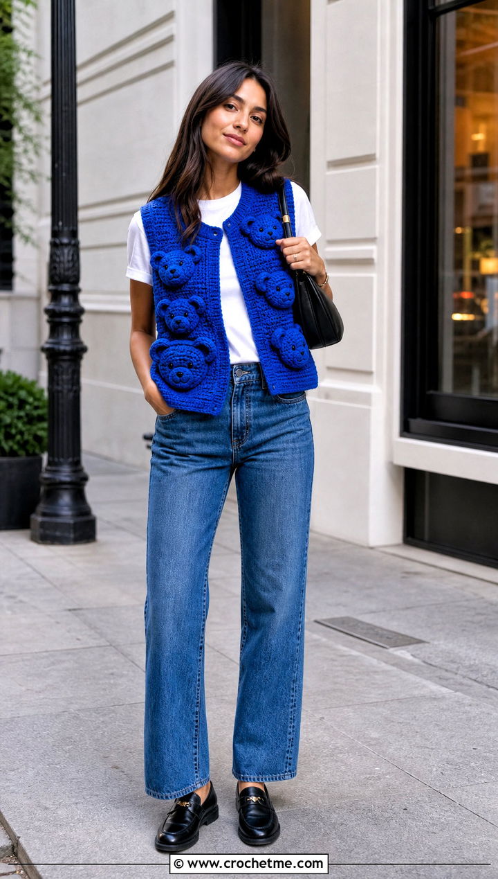 Teddy Bear Crochet Amigurumi Vest With Straight Leg Jeans - 15 Crochet Amigurumi Vest outfit ideas