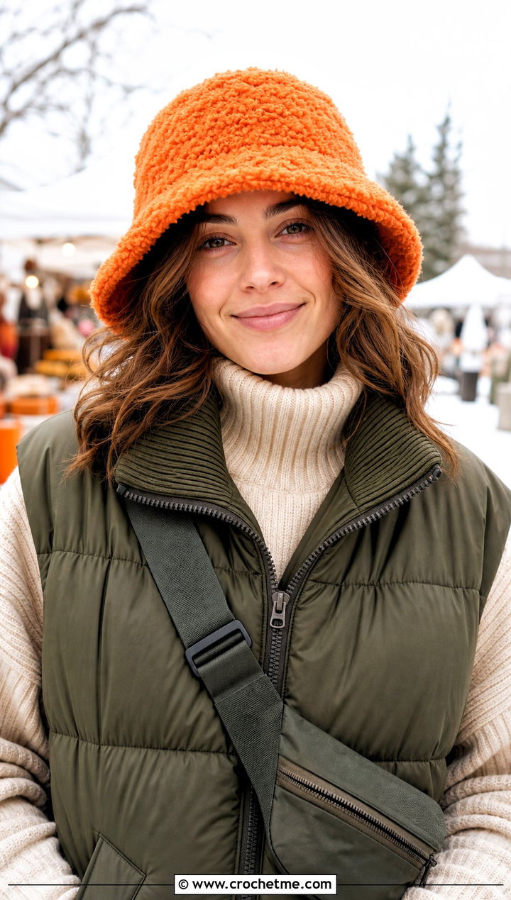 Teddy Fuzzy Crochet Bucket Hat With Puffer Vest - 25 fuzzy crochet bucket hat outfit ideas