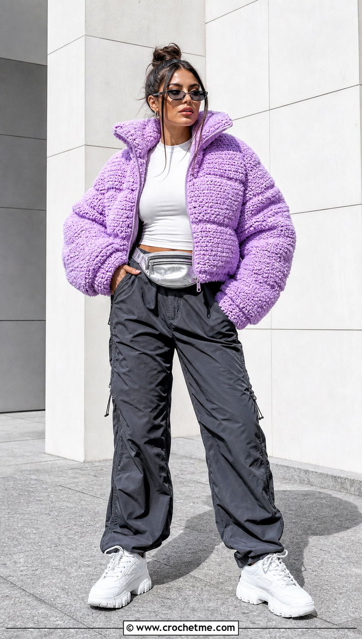 Teddy Texture Crochet Puffer Jacket With Parachute Pants - 35 crochet puffer jacket outfit ideas