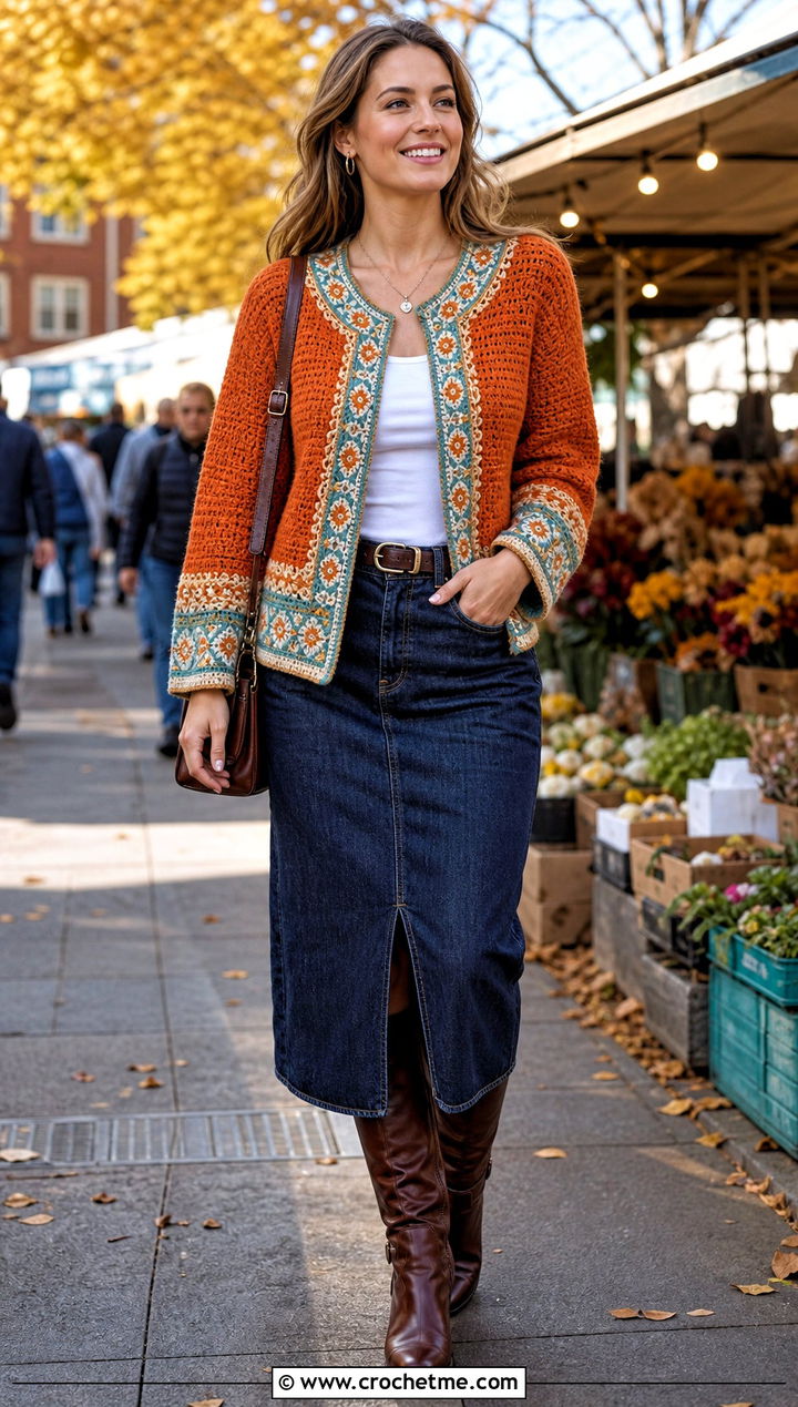 Telemark Kofte Norwegian Crochet Sweater With Denim Midi Skirt - 20 Norwegian Crochet Sweater outfit ideas