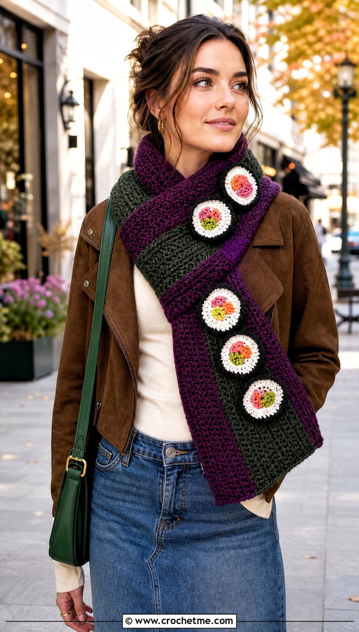 Temaki Crochet Sushi Scarf With Denim Midi Skirt - 30 crochet sushi scarf outfit ideas
