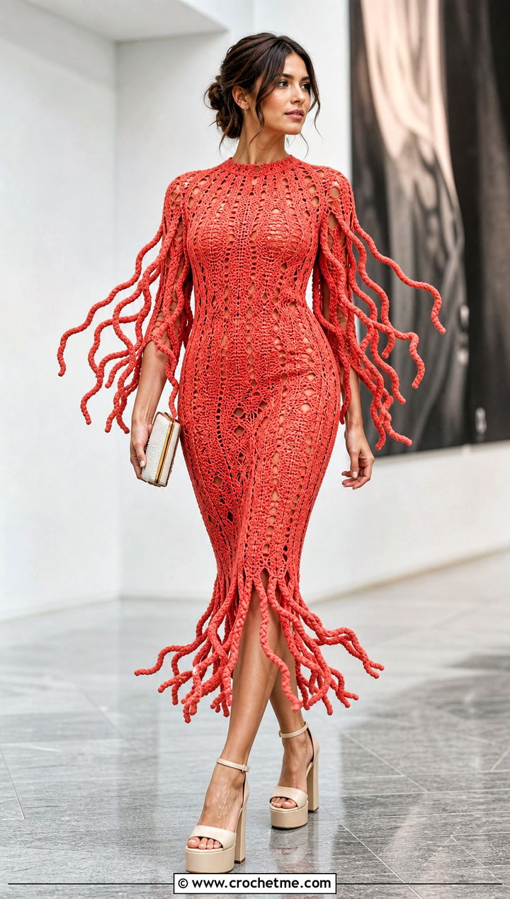 Tentacle Fringe Crochet Dress With Platform Sandals - 25 weird crochet clothes and outfit ideas