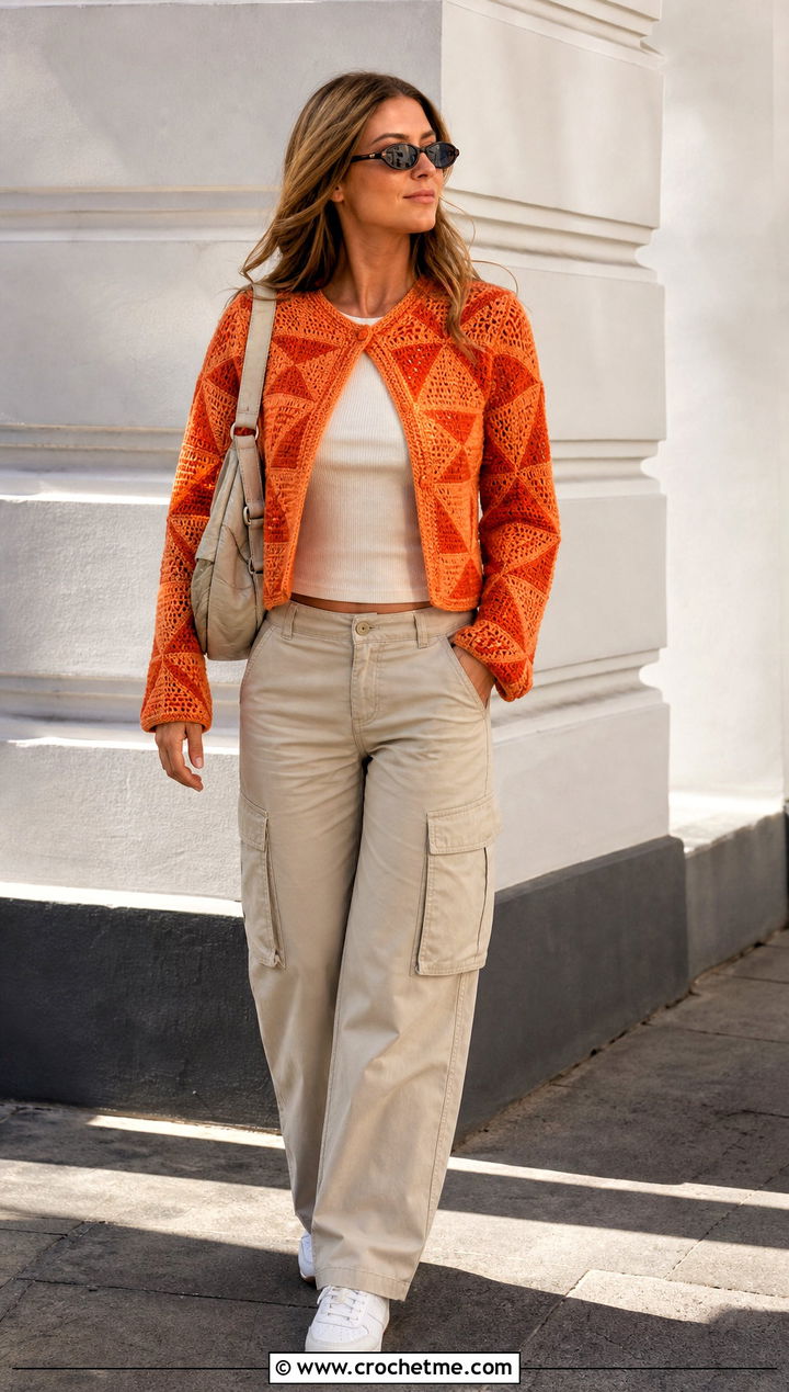 Tessellated Triangle Crochet Sweater With Cargo Pants - 15 triangle crochet sweater outfit ideas