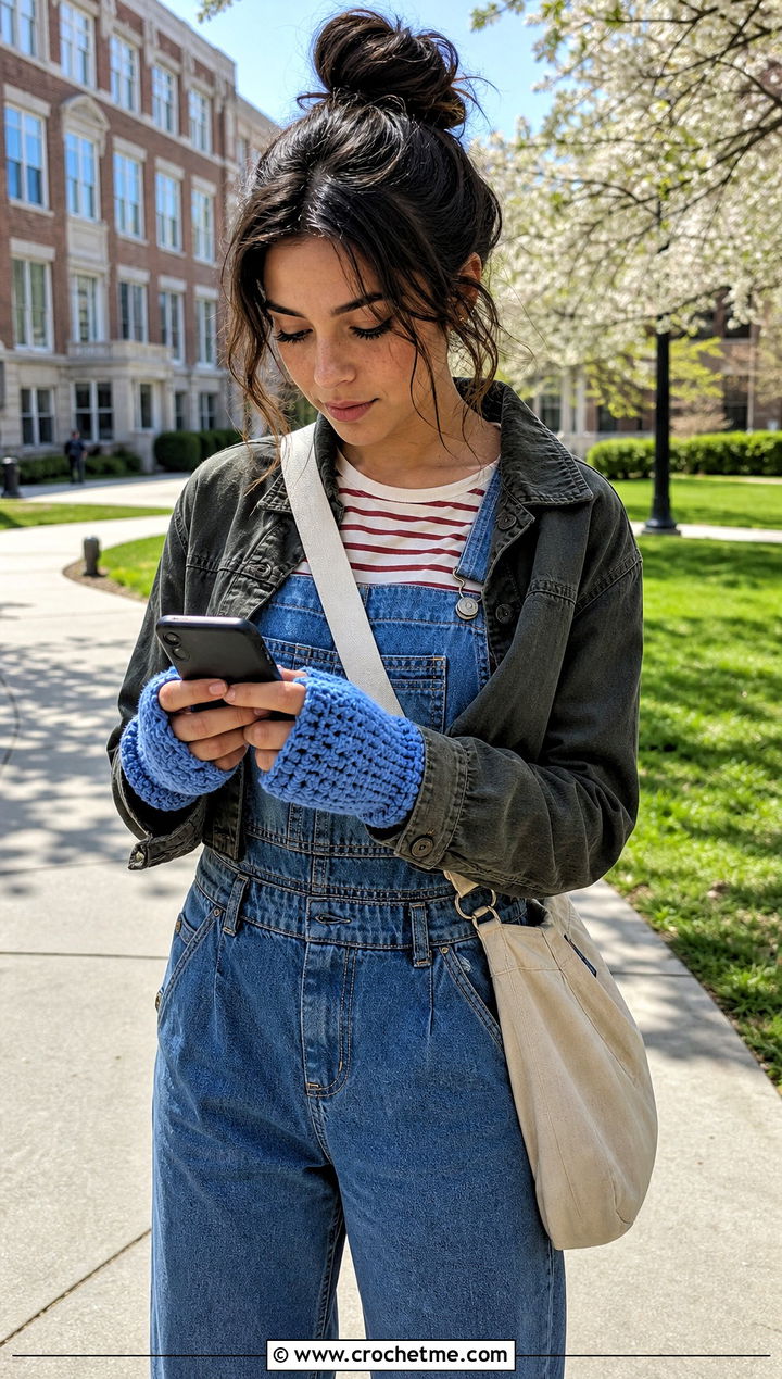 Texting Crochet Fingerless Mitts With Overalls - 30 crochet half gloves fingerless mitts outfit ideas