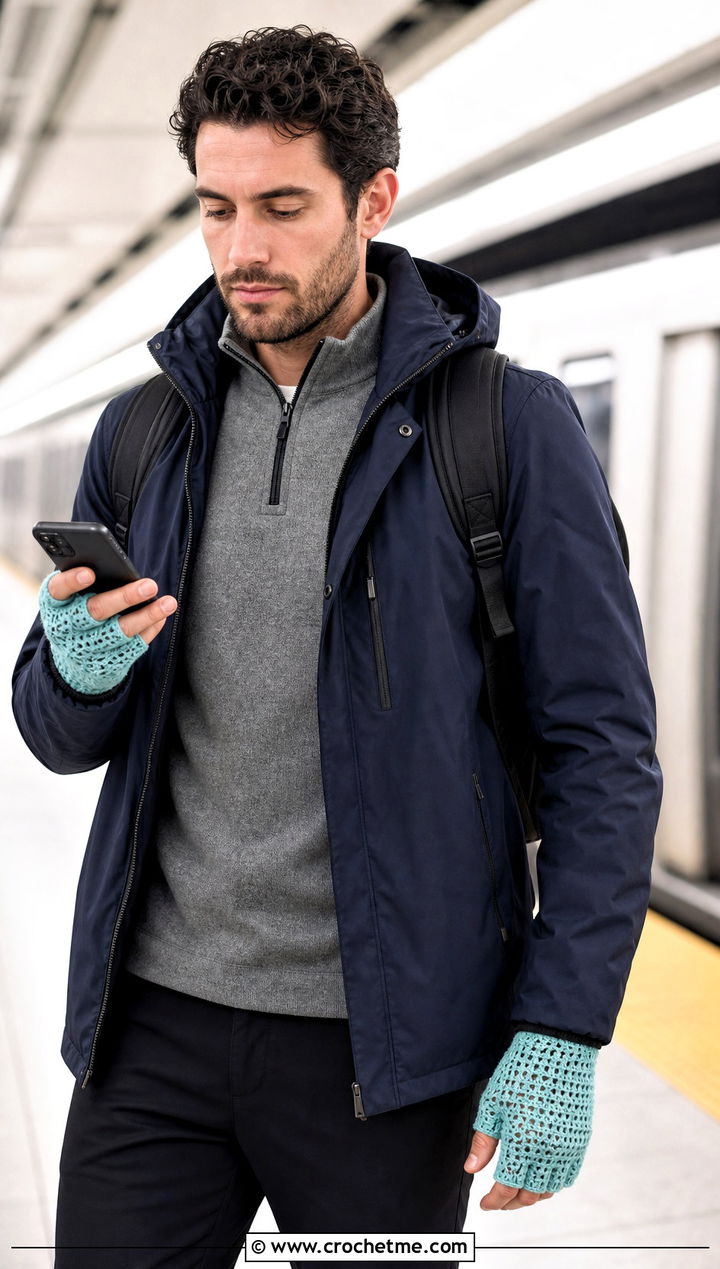Texting Slit Crochet Gloves With Commuter Outfit - 25 men's crochet gloves outfit ideas