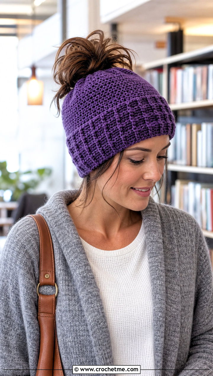 Textured Band Crochet Messy Bun Hat With Elastic And Cardigan - 25 Crochet Messy Bun Hat With Elastic outfit ideas