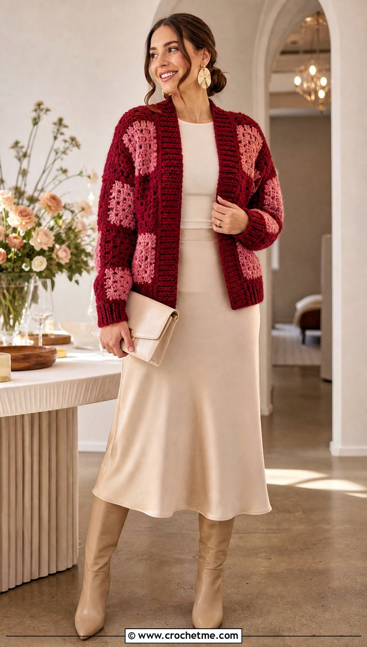 Textured Block Cardigan With Satin Midi Skirt - 25 crochet block cardigan outfit ideas