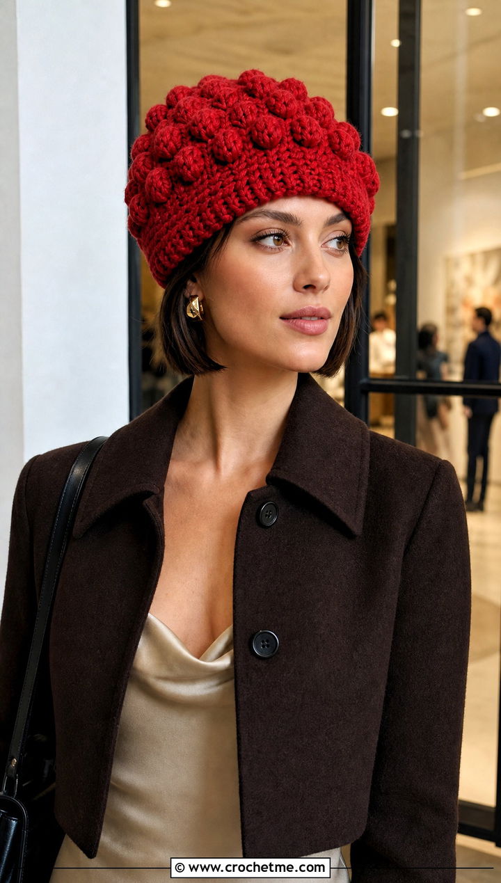 Textured Bobble Crochet Beanie With Satin Dress - 15 large crochet beanie outfit ideas