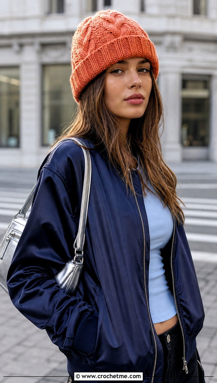 Textured Brim Crochet Cable Beanie With Bomber Jacket - 25 crochet cable beanie outfit ideas