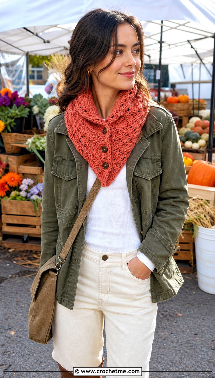 Textured Button Collar Scarf With Utility Jacket - 15 Button Crochet Scarf outfit ideas
