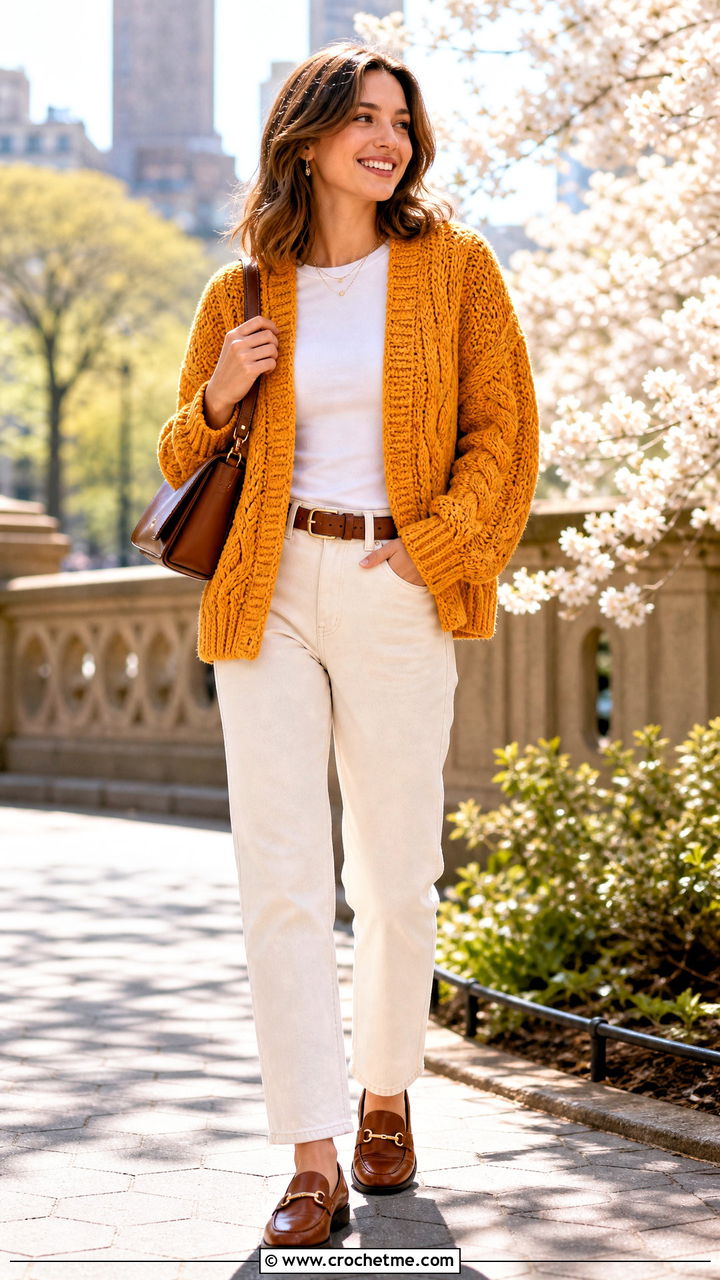 Textured Cable Crochet Cardigan With White Denim - 35 chunky crochet cardigan outfit ideas
