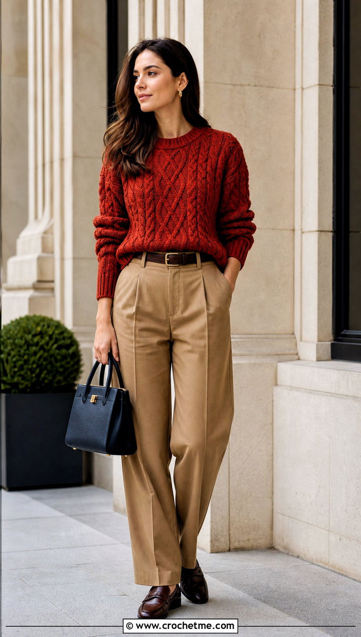 Textured Cable Crochet Sweater With Pleated Pants - 15 Crochet Projects Sweaters outfit ideas