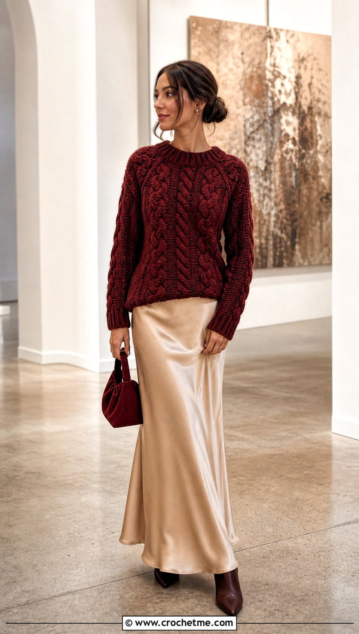 Textured Cable Crochet Sweater With Satin Maxi Skirt - 30 fall crochet sweaters outfit ideas