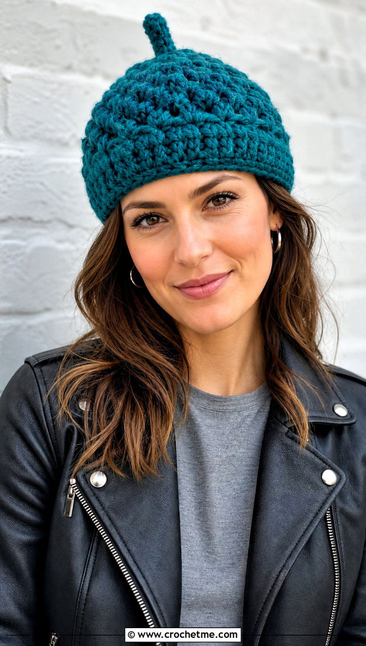 Textured Cap Crochet Acorn Hat With Leather Jacket - 30 crochet acorn hat outfit ideas