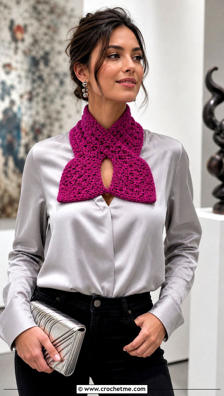 Textured Cari Keyhole Crochet Scarf With Satin Blouse and Black Jeans - 15 Cari Keyhole Crochet Scarf outfit ideas