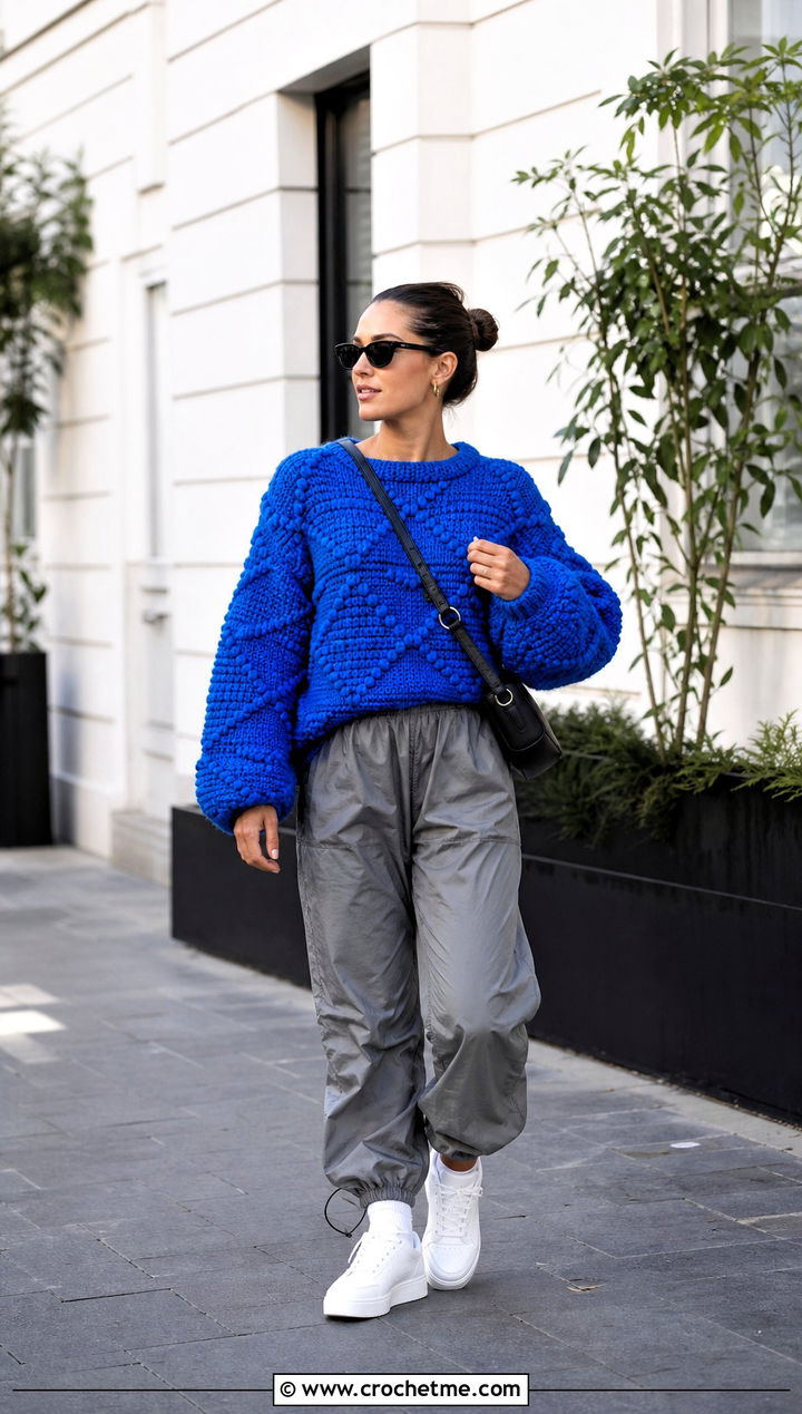 Textured Chunky Crochet Sweater With Parachute Pants - 25 Chunky Crochet Sweaters outfit ideas