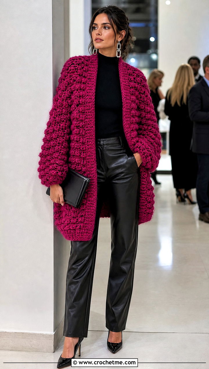 Textured Cocoon Crochet Cardigan With Leather Pants - 25 Cocoon Crochet Cardigan outfit ideas