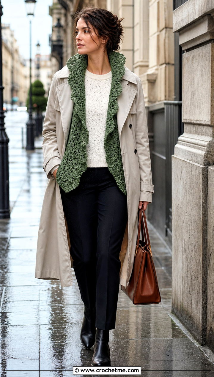 Textured Collar Outlander Shawl With Trench Coat - 35 crochet outlander shawl outfit ideas