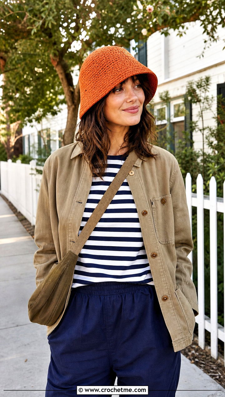 Textured Cotton Crochet Bucket Hat With Chore Jacket - 25 crochet bucket hat ideas