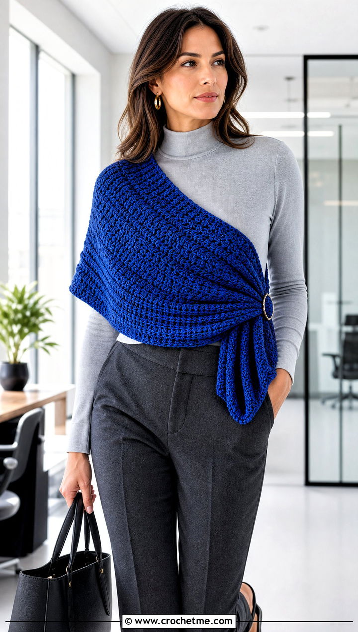 Textured Crescent Crochet Shawl With Tailored Trousers - 25 Crescent Crochet Shawl outfit ideas