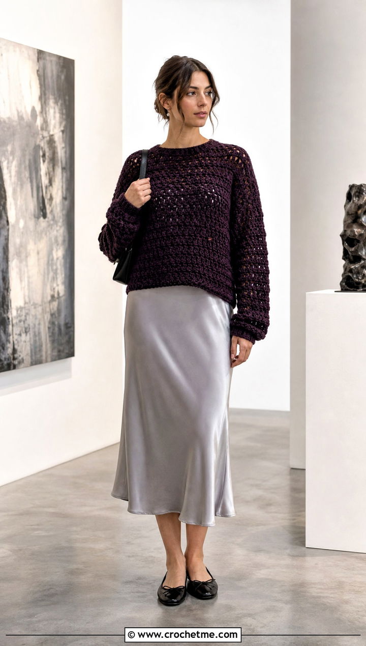 Textured Crewneck Crochet Pullover With Slip Dress - 30 quick crochet top outfit ideas