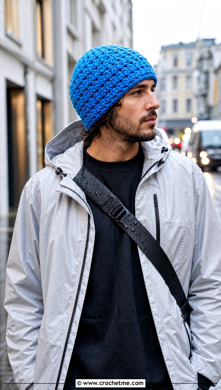 Textured Crochet Beanie With Rain Jacket - 25 crochet for men's beanies outfit ideas