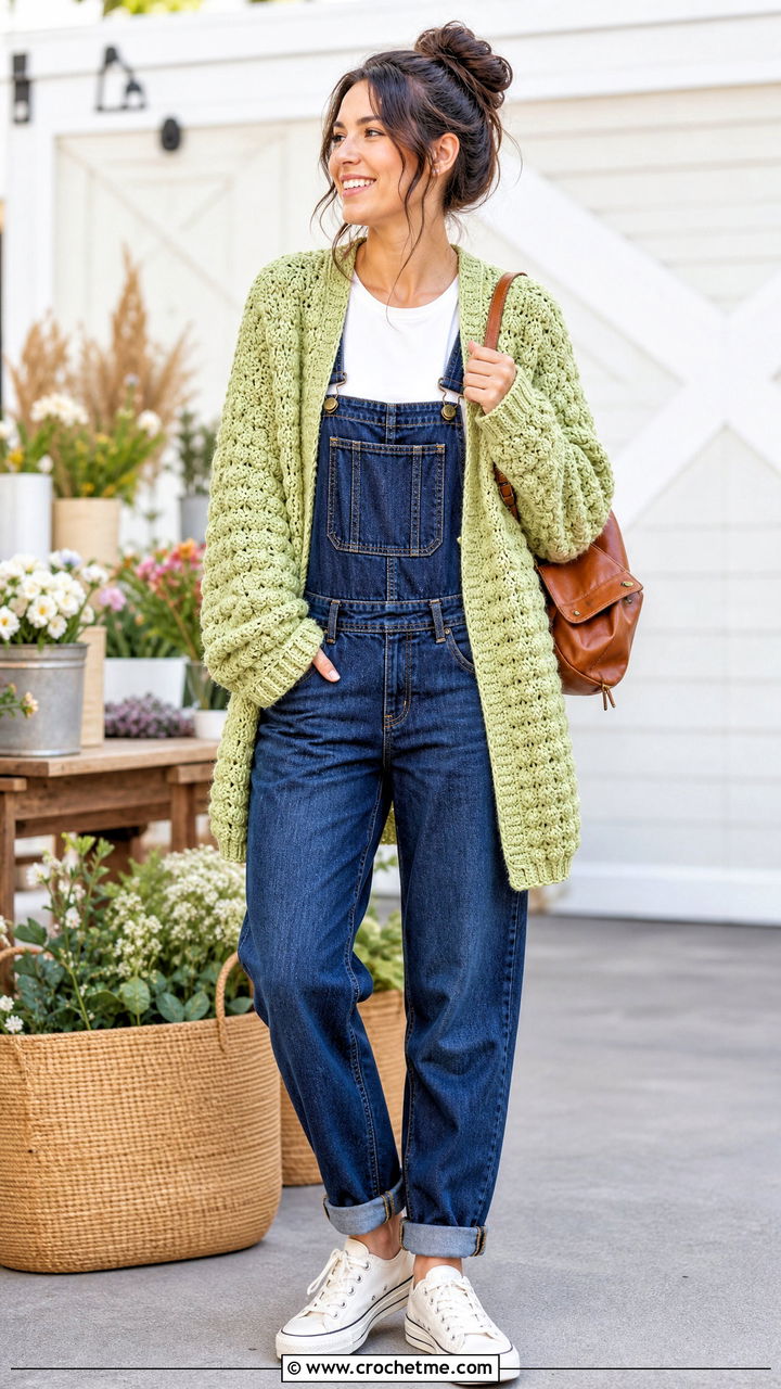Textured Crochet Blanket Cardigan With Denim Overalls - 35 crochet blanket cardigan outfit ideas
