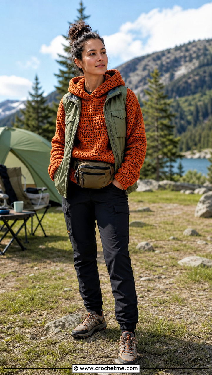 Textured Crochet Blanket Hoodie With Utility Vest - 25 crochet hoodie blanket outfit ideas