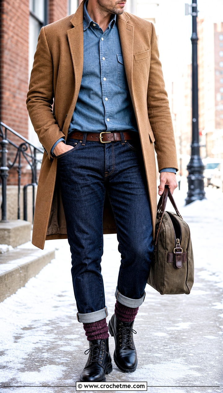 Textured Crochet Boot Socks With Overcoat And Selvedge Denim - 25 men's crochet socks outfit ideas