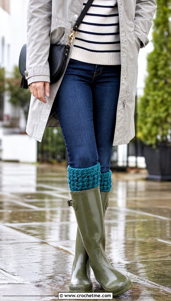 Textured Crochet Boot Socks With Rain Boots - 35 easy crocheted socks outfit ideas