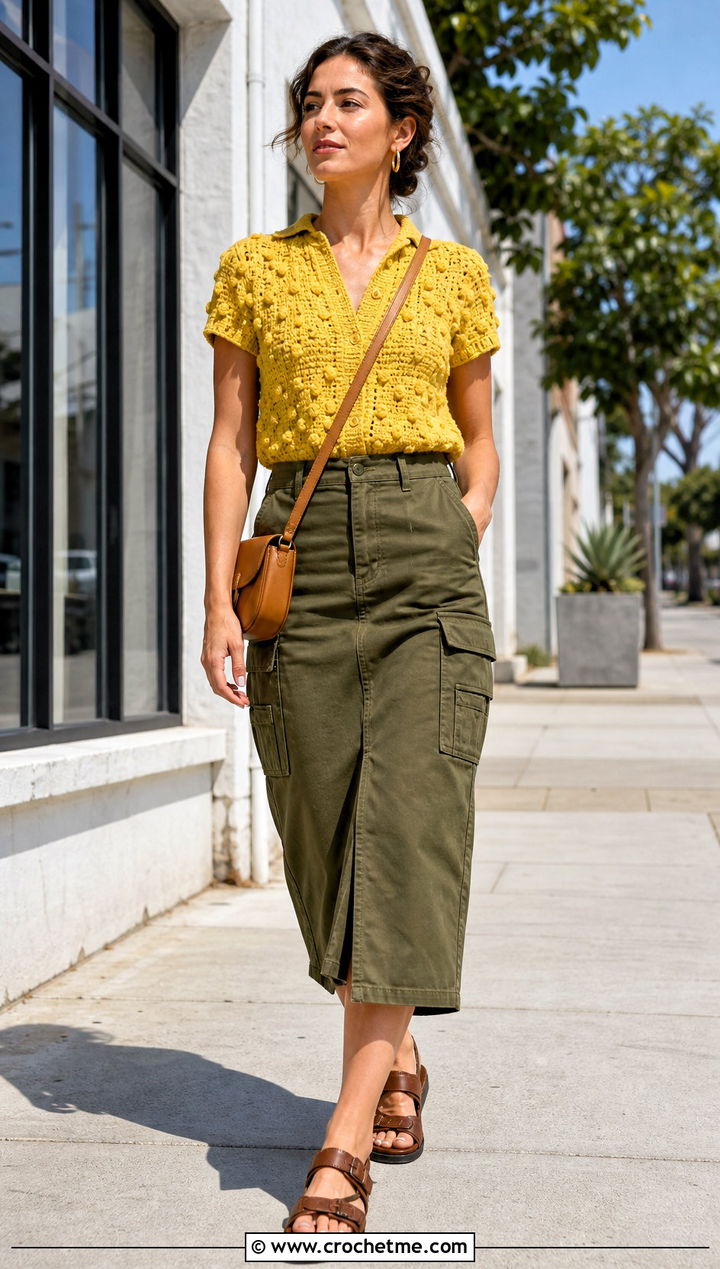 Textured Crochet Button Top With Utility Skirt - 35 Crochet Top With Buttons outfit ideas