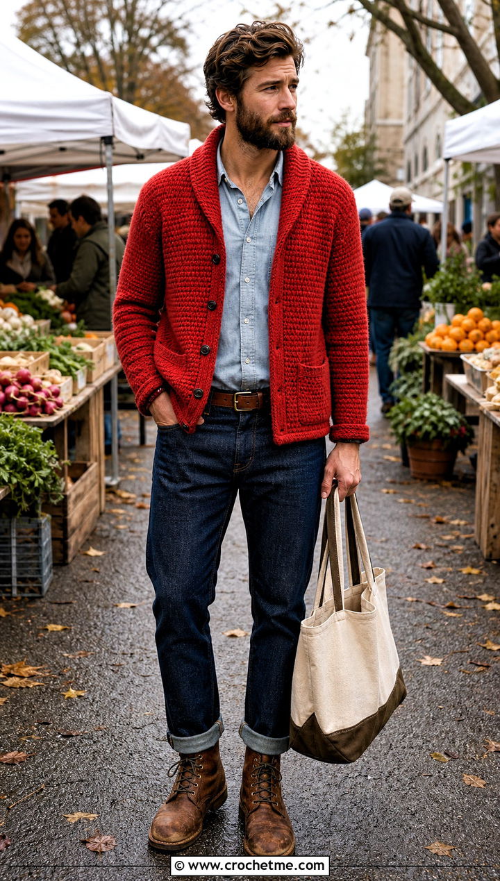Textured Crochet Cardigan Jacket With Workwear Jeans - 30 mens crochet cardigan sweater outfit ideas