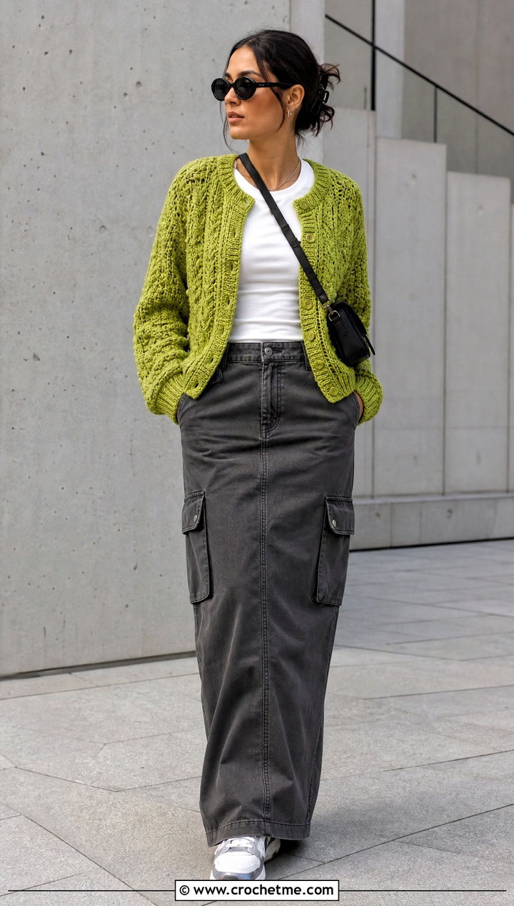 Textured Crochet Cardigan With Cargo Maxi Skirt - 30 3 weight yarn crochet cardigan outfit ideas