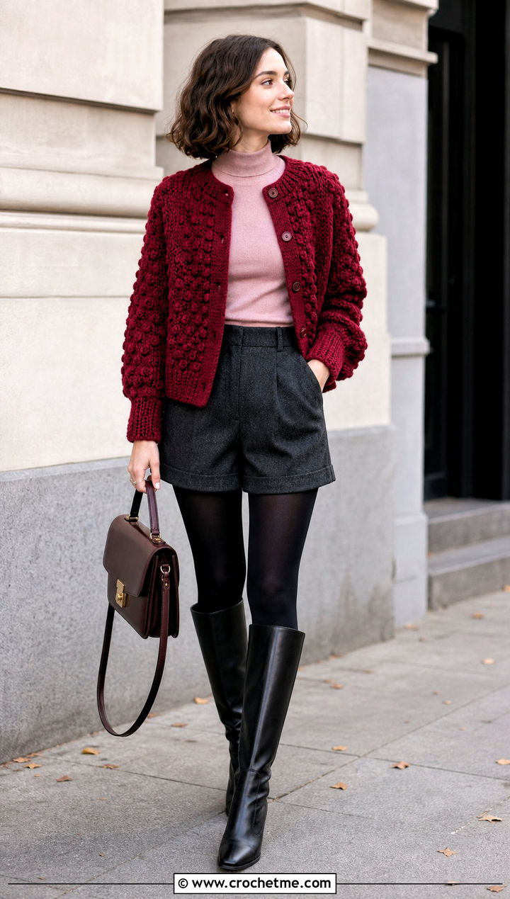 Textured Crochet Cardigan With Tailored Shorts - 35 fall crochet cardigan outfit ideas