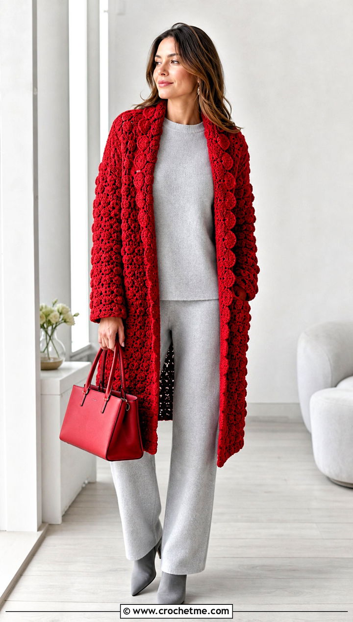 Textured Crochet Coat With Monochrome Knitwear - 25 crochet coat ideas