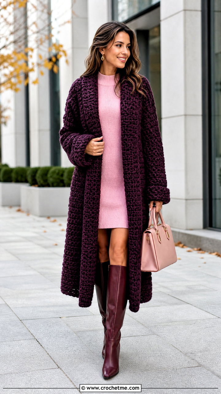 Textured Crochet Coatigan With Sweater Dress - 35 oversized crochet cardigan outfit ideas
