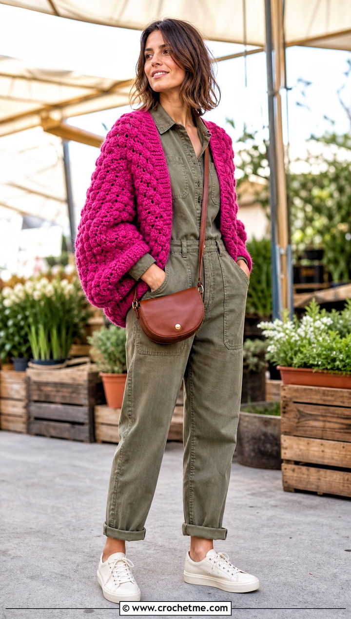Textured Crochet Cocoon Shrug With Utility Jumpsuit - 30 crochet cocoon shrug outfit ideas