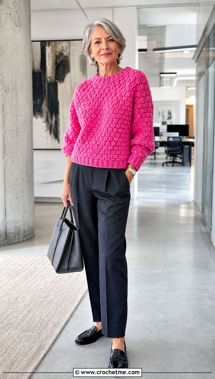 Textured Crochet Couch Sweater With Tailored Trousers - 15 Crochet Couch Sweater outfit ideas
