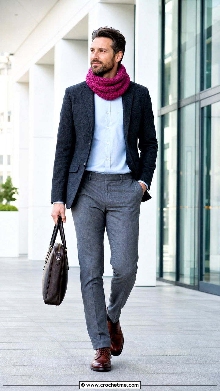Textured Crochet Cowl Scarf With Business Casual Outfit - 35 men's crochet scarf outfit ideas