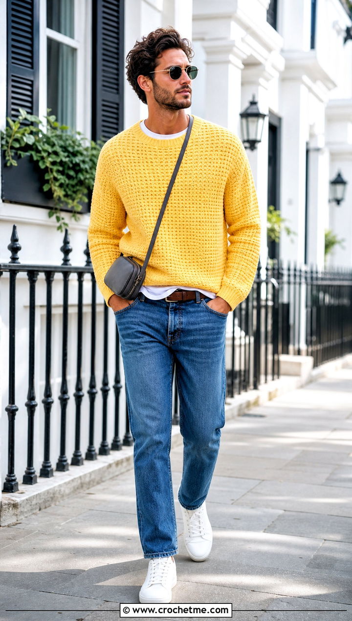 Textured Crochet Crewneck Sweater With Straight Jeans - 15 Crochet Mens Sweaters outfit ideas