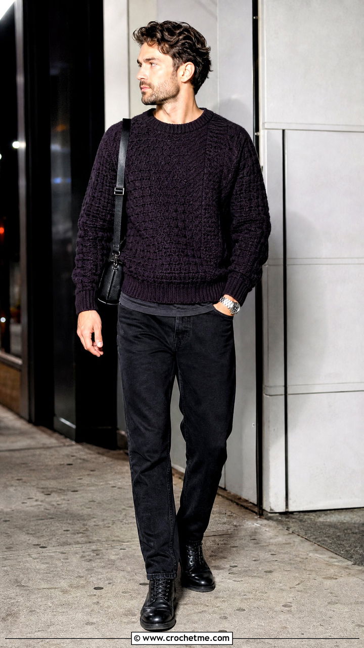 Textured Crochet Crewneck With Black Jeans - 35 crochet mens sweater outfit ideas