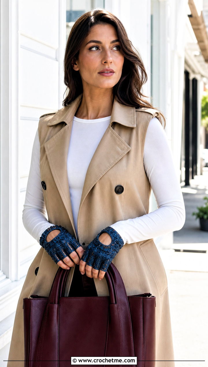 Textured Crochet Driving Gloves With Trench Vest - 35 crochet gloves fingers outfit ideas