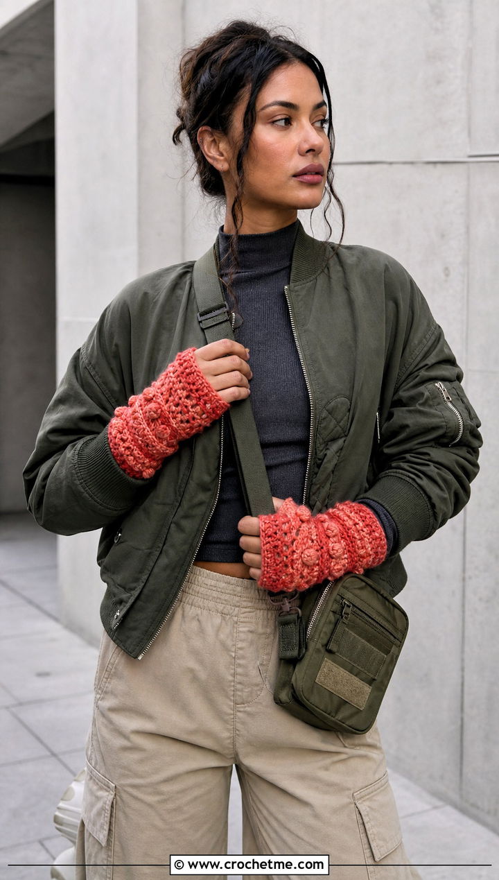 Textured Crochet Fingerless Mittens With Cargo Pants - 25 crochet fingerless mittens outfit ideas