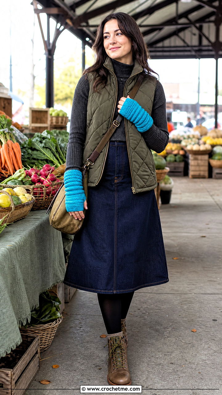 Textured Crochet Fingerless Mittens With Quilted Vest And Midi Skirt - 35 crochet fingerless gloves outfit ideas