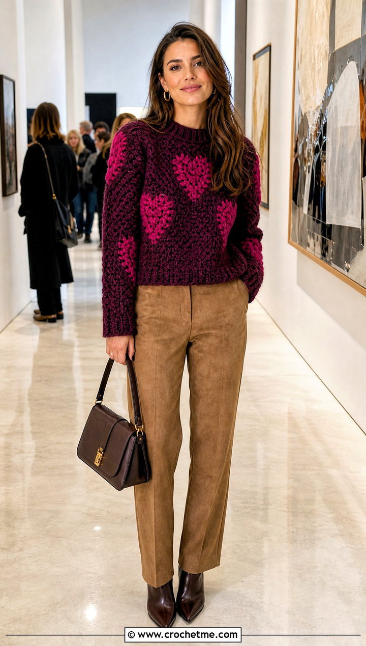 Textured Crochet Heart Sweater With Suede Pants - 25 crochet valentine sweater outfit ideas